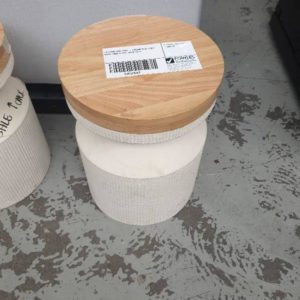 EX FURNITURE HIRE - CREAM SIDE TABLE WITH TIMBER TOP SOLD AS IS