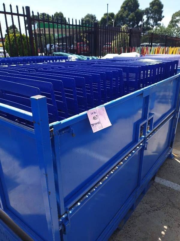 LARGE STILLAGE OF NAVY FOLDING METAL BAR STOOLS **STILLAGE IS NOT INCLUDED IN THE SALE** SOLD AS IS