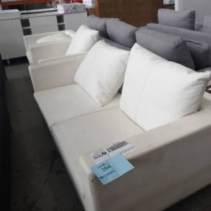 EX HIRE - WHITE VINYL 2 SEATER COUCH WITH 2 ARM CHAIRS SOLD AS IS