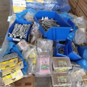 LARGE PALLET OF ASST'D NUTS AND BOLTS & APPROX 50 PLASTIC PARTS BINS INCLUDED