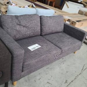 EX HIRE - GREY MATERIAL 2 SEATER SOFA SOLD AS IS