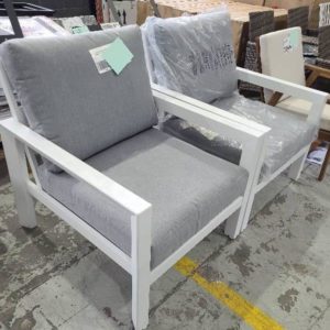 EX DISPLAY PAIR OF OVERSIZE WHITE AND GREY OUTDOOR CHAIR SOLD AS IS