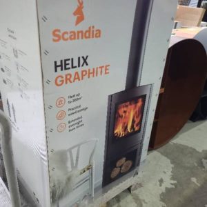 SCANDIA HELIX WOOD FIRE HEATER WITH WOOD STACKER SOLD AS IS SOME DENTS AND SCRATCHES RRP$1799 GRAPHITE SCMR500G-18-0109