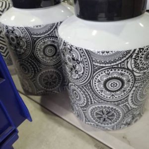EX HIRE - LARGE PAIR OF BLACK & WHITE DECORATIVE CANNISTERS SOLD AS IS