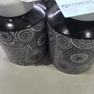 EX HIRE - MEDIUM PAIR OF BLACK & WHITE DECORATIVE CANNISTERS SOLD AS IS