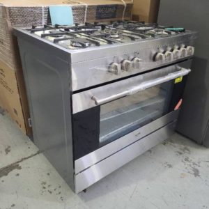 BRAND NEW EURO EV90DFSX 900MM S/STEEL DUAL FUEL FREESTANDING OVEN WITH ELECTRIC OVEN WITH 8 MULTI FUNCTIONS & 5 BURNER GAS COOKTOP WITH CENTRAL WOK WITH STORAGE DOOR BELOW WITH 2 YEAR WARRANTY