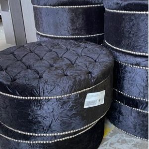 EX HIRE EVENT OTTOMAN - LARGE ROUND CRUSHED VELVET BLACK OTTOMAN WITH STUD DETAIL SOLD AS IS