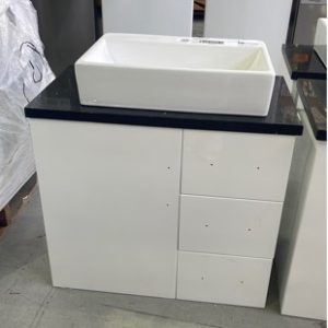 NEW 750MM WHITE GLOSS VANITY WITH BLACK STONE TOP AND ABOVE COUNTER BOWL SH17-750W