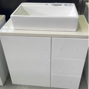 NEW 750MM WHITE GLOSS VANITY WITH WHITE STONE TOP AND ABOVE COUNTER BOWL SH17-750W