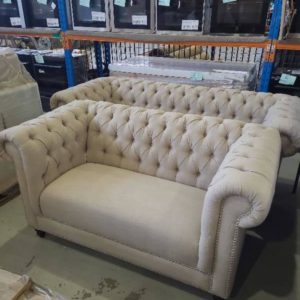 EX-DISPLAY HOME FURNITURE - BEIGE FABRIC BUTTON UPHOLSTERED 3 SEAT COUCH & 2 SEAT COUCH SOLD AS IS