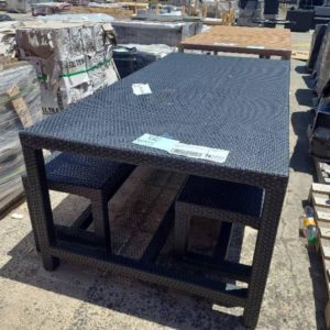 EX-HIRE RATTAN OUTDOOR TABLE WITH 2 BENCH SEATS SOLD AS IS