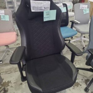 EX SAMPLE CHAIR - BLACK FABRIC GAMING CHAIR WITH HEADREST CUSHION BACKREST TILT HEIGHT ADJUSTABLE ARMS & SEAT WEIGHT CAPACITY 150KG RETAIL $419