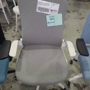 EX SAMPLE CHAIR - GREY OFFICE CHAIR WITH WHITE FRAME FLIP UP ARMS SEAT HEIGHT ADJUSTABLE & CHAIR TILT RETAIL $199