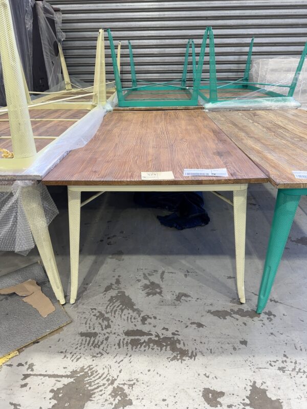EX HIRE LARGE TIMBER DINING TABLE WITH YELLOW METAL MESH LEGS SOLD AS IS