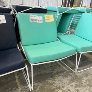 EX HIRE WHITE WIRE OUTDOOR ARM CHAIR WITH GREEN CUSHIONS SOLD AS IS