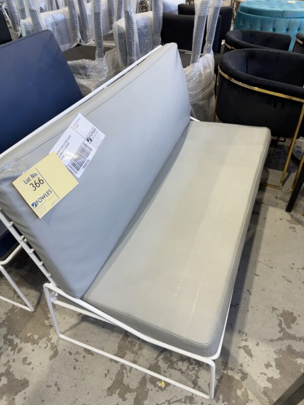 EX HIRE WHITE WIRE OUTDOOR COUCH CHAIR WITH GREY CUSHIONS SOLD AS IS