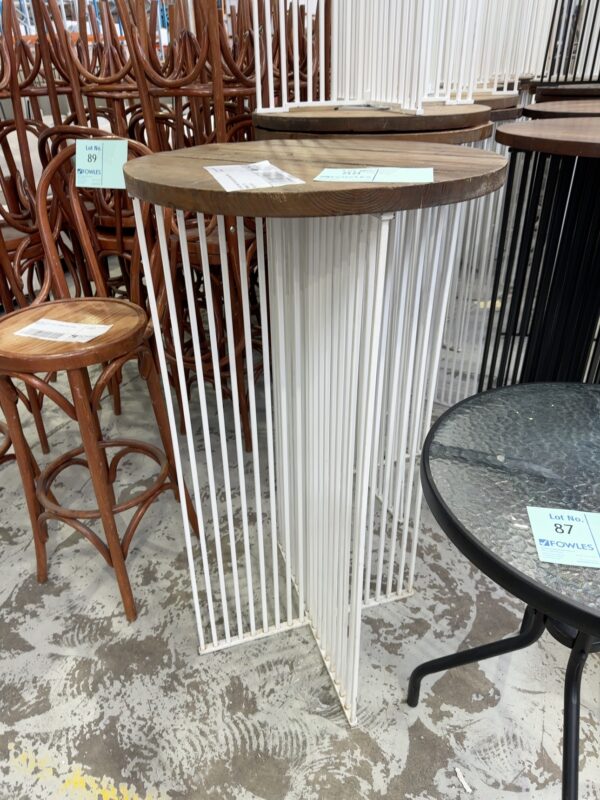 EX HIRE WHITE METAL BAR TABLE WITH TIMBER TOP SOLD AS IS