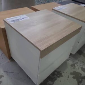 EX HIRE WHITE LAMINATE WITH TIMBER LAMINATE TOP BEDSIDE TABLE SOLD AS IS