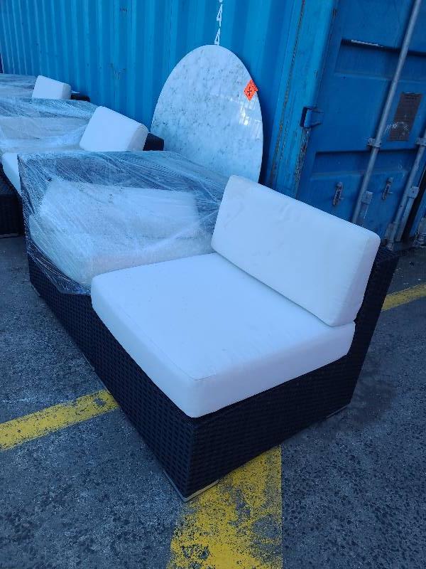 2 PCE BLACK WICKER STYLE OUTDOOR LOUNGE WITH WHITE CUSHIONS Fowles   080823 12 343 