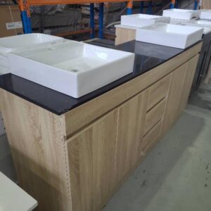 NEW 1800MM LIGHT TIMBER LAMINATE DOUBLE BOWL VANITY WITH BLACK STONE TOP AND 2 ABOVE COUNTER BOWLS BN-1170T