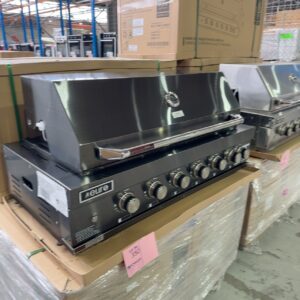 NEW DARK S/STEEL EURO 1200MM BUILT IN BBQ EAL1200RBQBSSH 6 BURNER WITH BLUE LED ROUND KNOBS CERAMIC INFRARED REAR BURNER WITH ROTISSERIE PUSH IGNITION BRAND NEW IN BOX 3 YEAR WARRANTY