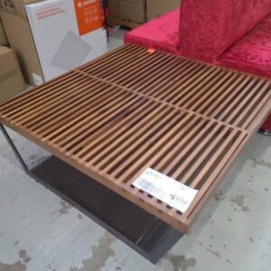 EX STAGING LARGE SQUARE SLAT TIMBER TIMBER COFFEE TABLE SOLD AS IS