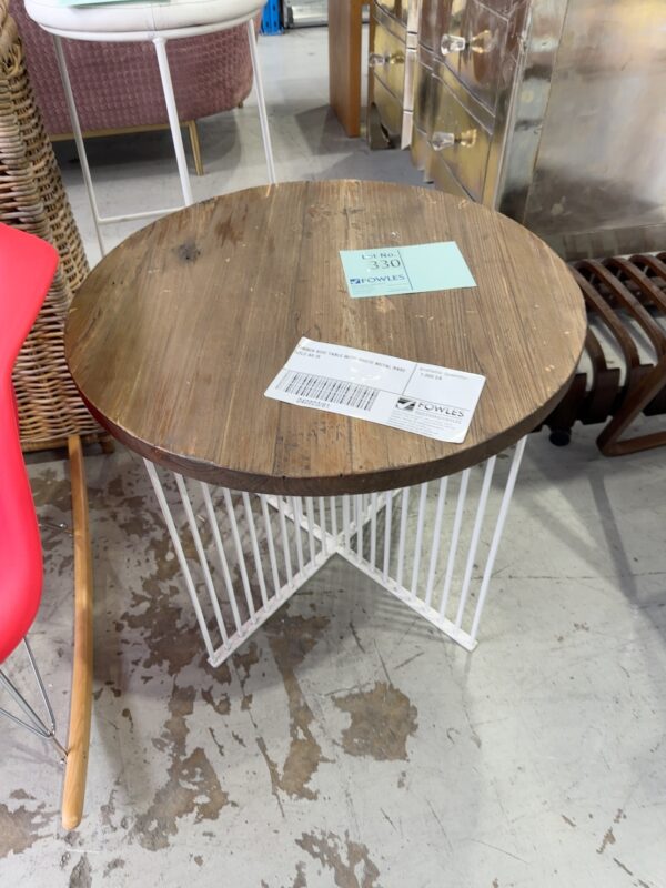 TIMBER SIDE TABLE WITH WHITE METAL BASE SOLD AS IS