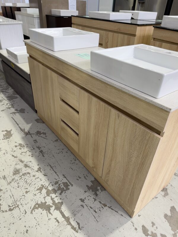 1500MM LIGHT TIMBER FLOOR VANITY WITH WHITE STONE TOP AND DOUBLE ABOVE COUNTER VANITY BOWLS