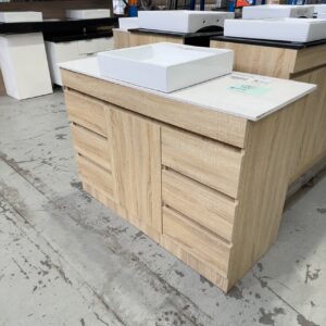 1200MM TIMBER VANITY WITH WHITE STONE TOP AND ABOVE COUNTER BOWL