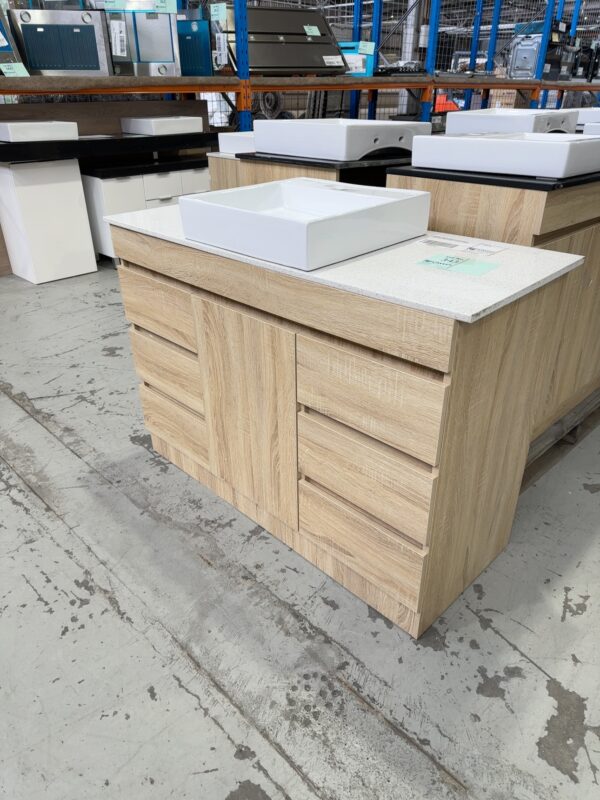1200MM TIMBER VANITY WITH WHITE STONE TOP AND ABOVE COUNTER BOWL