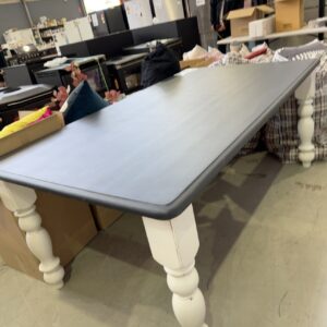 EX STAGING FURNITURE - TIMBER FARMHOUSE DINING TABLE GREY TOP WITH WHITE LEGS SOLD AS IS