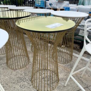 EX HIRE GOLD MIRROR TOP BAR TABLE WITH GOLD METAL BASE SOLD AS IS
