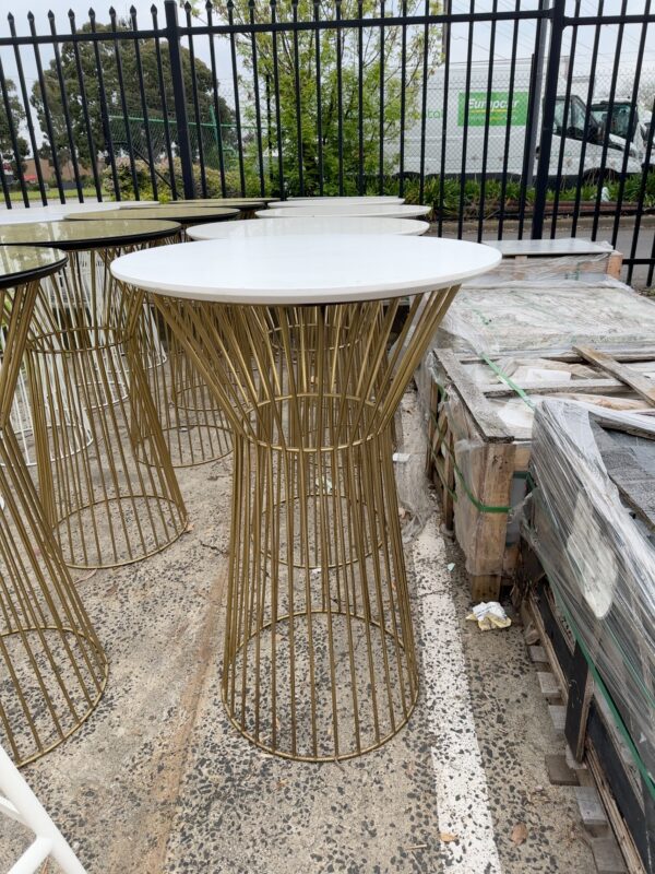EX HIRE WHITE BAR TABLE WITH GOLD METAL BASE SOLD AS IS