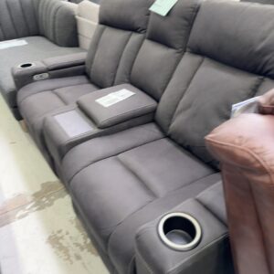 EX DISPLAY CROWN 2 SEATER THEATRE SUITE WITH 2 ELECTRIC RECLINERS DRINK HOLDERS & STORAGE SUPER SUEDE CHARCOAL SOLD AS IS