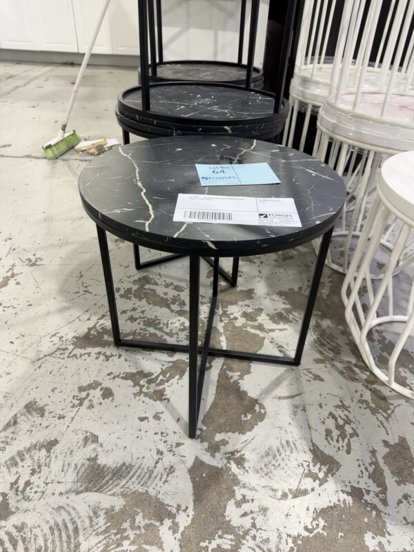 EX HIRE - ROUND BLACK FAUX MARBLE 
SIDE TABLE, SOLD AS IS