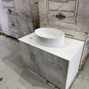 NEW 900MM GLOSS WHITE WALL HUNG VANITY WITH STONE TOP AND ABOVE COUNTER VANITY BOWL, MODEL - NOWA NOWA **VANITY IS NOT DRILLED FOR HANDLES & HANDLES ARE NOT SUPPLIED**