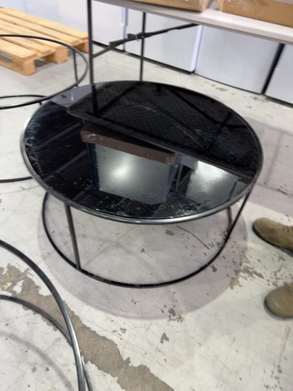 EX HIRE - BLACK METAL ROUND COFFEE TABLE WITH GLASS TOP 
SOLD AS IS