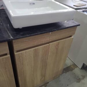600MM LIGHT TIMBER LAMINATE VANITY WITH BLACK STONE TOP AND ABOVE COUNTER BOWL, BN600MM RRP$900