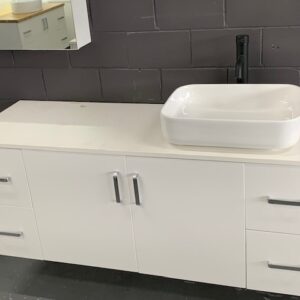 NEW 1500MM GLOSS WHITE WALL HUNG VANITY WITH STONE TOP AND SINGLE ABOVE COUNTER VANITY BOWL MODEL - 1500 NOWA NOWA, **VANITY IS NOT DRILLED FOR HANDLES, NO HANDLES SUPPLIED**