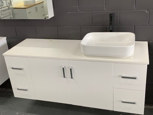 NEW 1500MM GLOSS WHITE WALL HUNG VANITY WITH STONE TOP AND SINGLE ABOVE COUNTER VANITY BOWL MODEL - 1500 NOWA NOWA, **VANITY IS NOT DRILLED FOR HANDLES, NO HANDLES SUPPLIED**