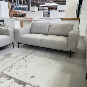 BRAND NEW PEWTER THICK LEATHER MID CENTURY DESIGN LOUNGE SUITE, 2.5 SEATER COUCH & 2 SEATER COUCH RRP$4999