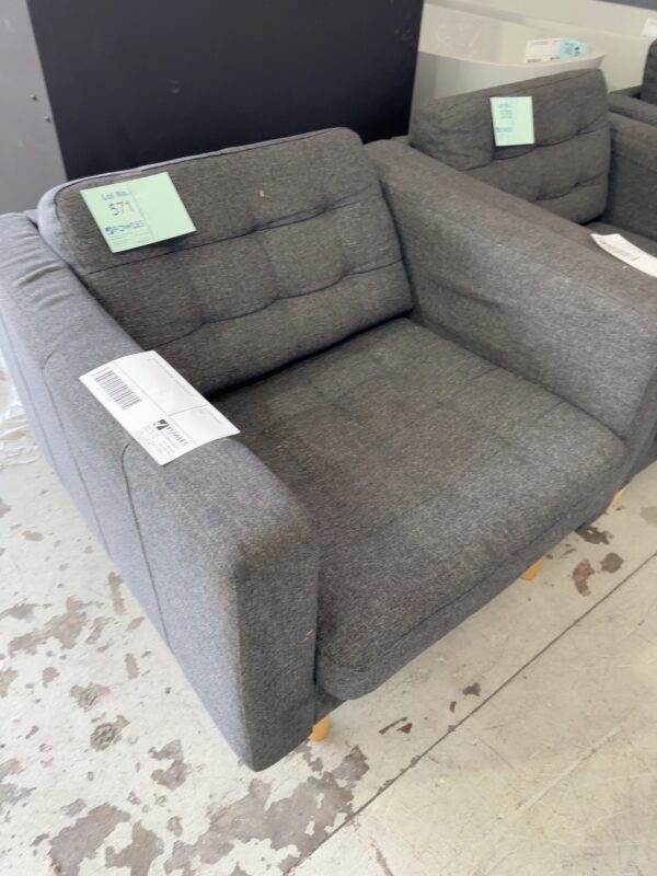 EX HIRE GREY MATERIAL ARMCHAIR SOLD AS IS