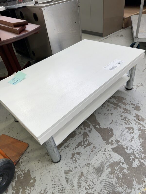 NEW WHITE TIMBER COFFEE TABLE WITH CHROME LEGS, SOLD AS IS