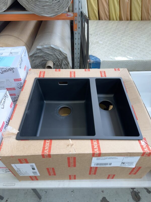 NEW FRANKE SID160CB CARBON BLACK GRANITE 1 & 1/2 BOWL UNDERMOUNT SINK, 125.0257.185 CURRENT RETAIL $999 WITH 12 MONTH WARRANTY