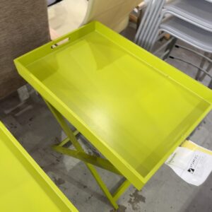 EX STAGING FURNITURE - GREEN TIMBER TRAY TABLE, SOLD AS IS