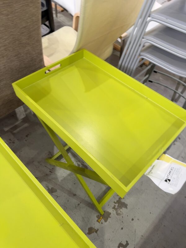 EX STAGING FURNITURE - GREEN TIMBER TRAY TABLE, SOLD AS IS