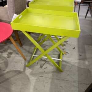 EX STAGING FURNITURE - GREEN TIMBER TRAY TABLE, SOLD AS IS