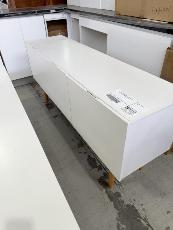 EX STAGING FURNITURE - WHITE BUFFETT TABLE WITH DRAWERS, SOLD AS IS