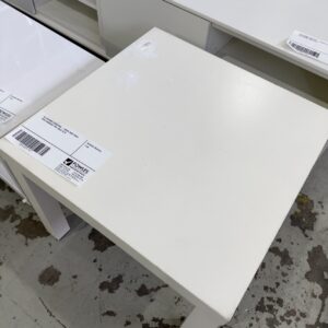 EX STAGING FURNITURE - WHITE SIDE TABLE WITH DAMAGED TOP, SOLD AS IS