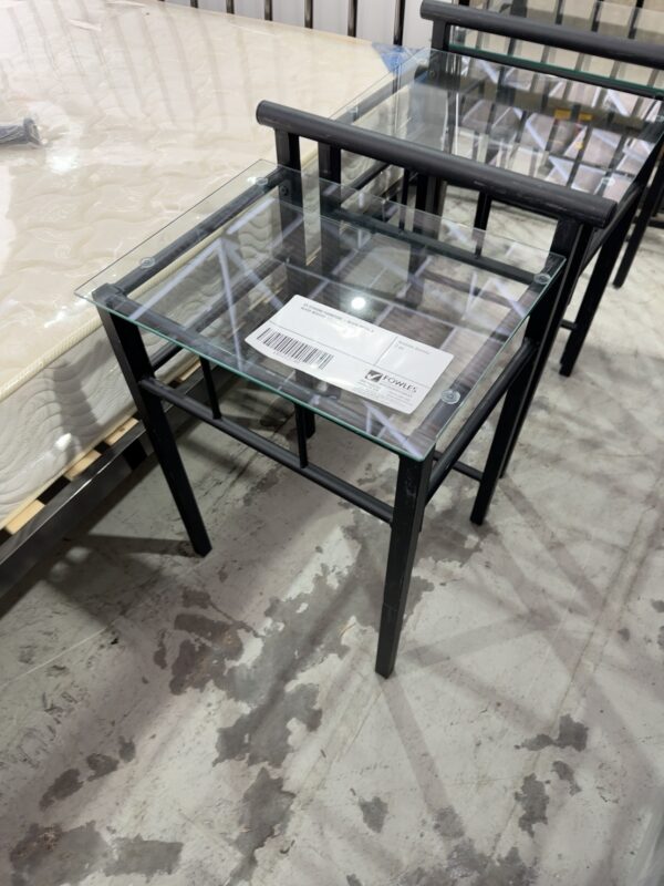 EX STAGING FURNITURE - BLACK METAL & GLASS BEDSIDE TABLE, SOLD AS IS